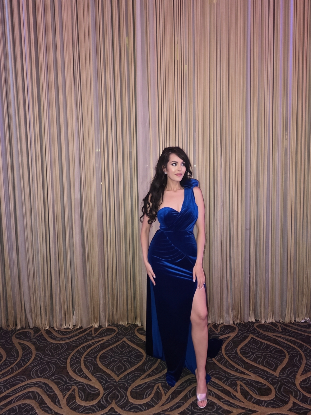 One-Shoulder Royal Blue Velvet Evening Gown